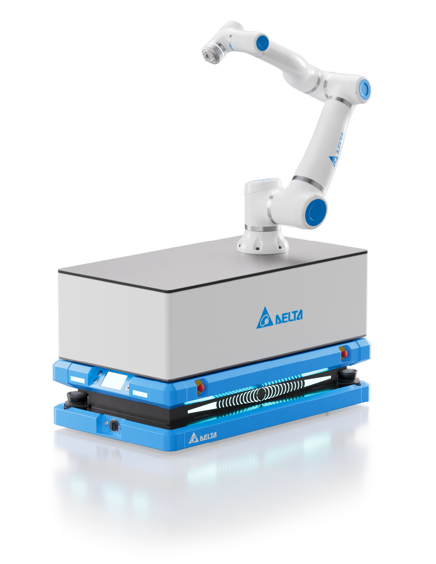 Delta industrial cobot undergoing a water resistance test, demonstrating IP66 certification for durability in automated production and factory automation environments.\v