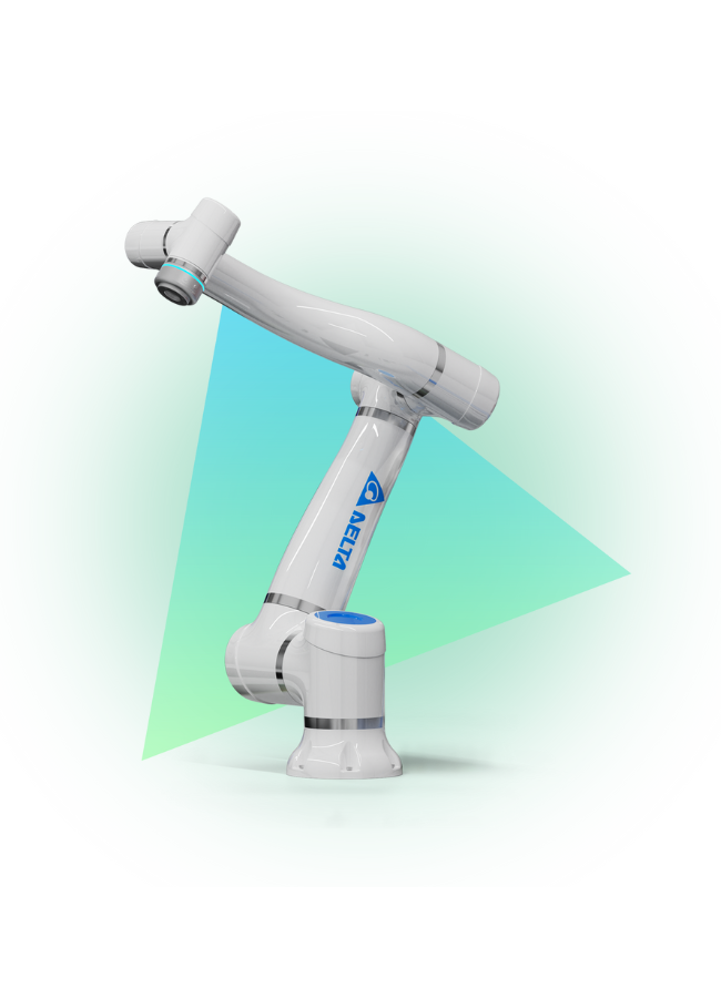Delta industrial cobot undergoing a water resistance test, demonstrating IP66 certification for durability in automated production and factory automation environments.\v