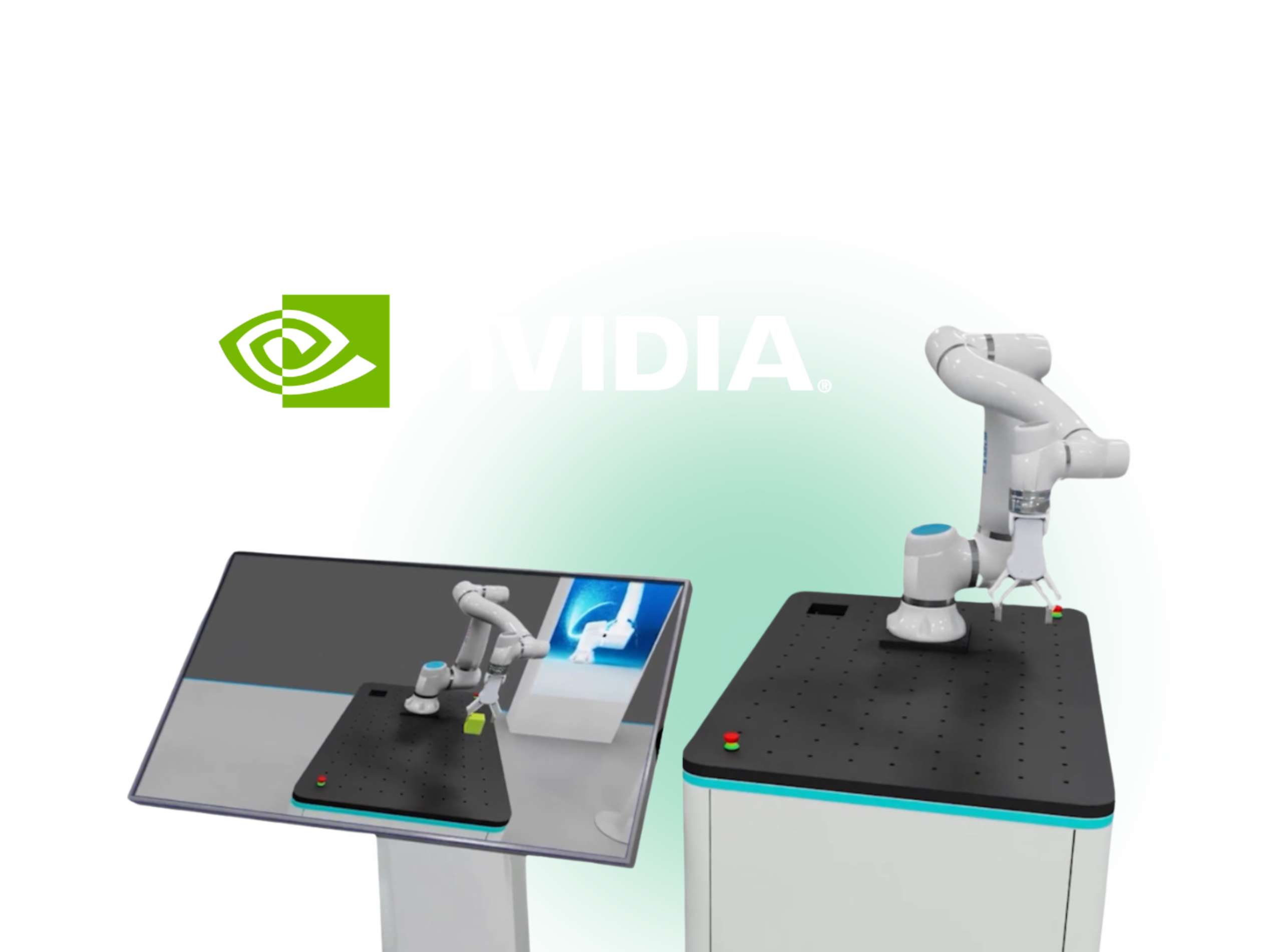 D-Bot collaborative robots with NVIDIA Omniverse and Isaac Sim integration for enhanced simulation capabilities.